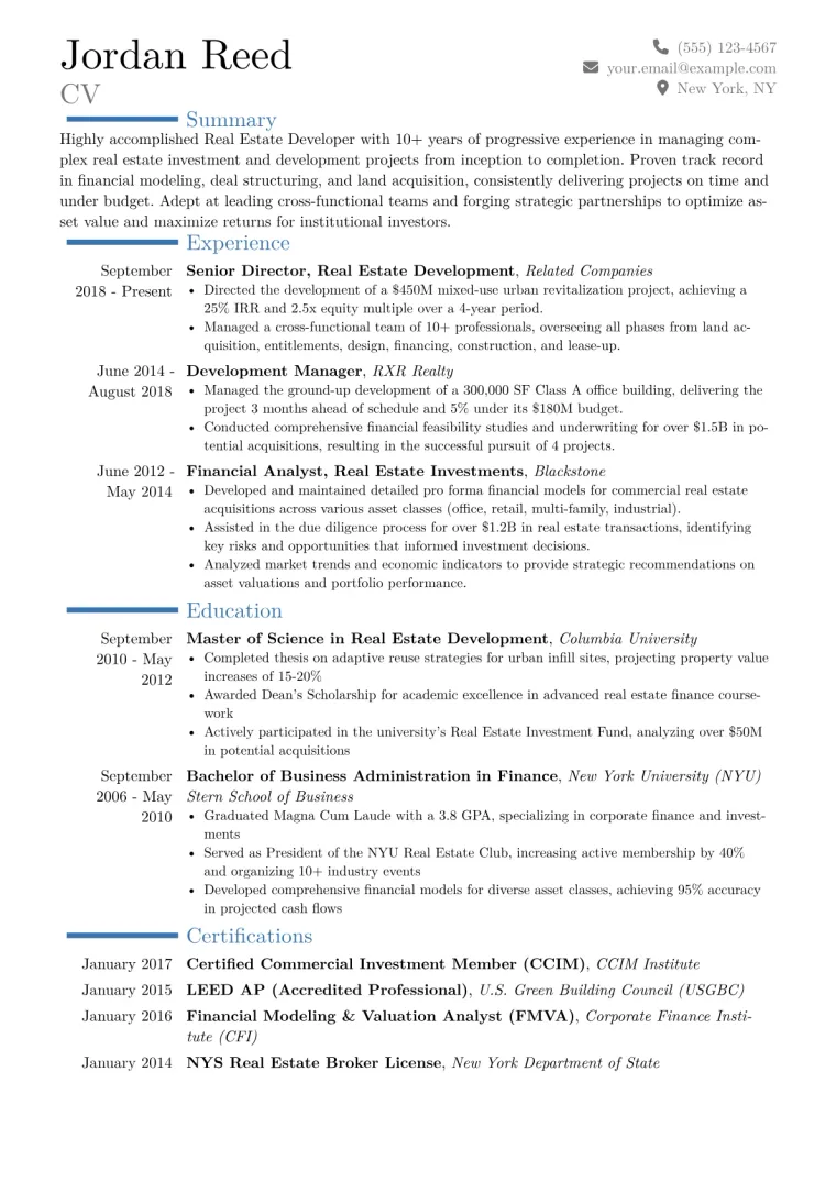 Real Estate Developer Resume Example CV template preview