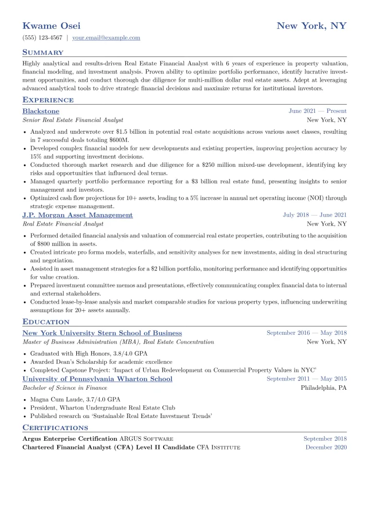 Real Estate Financial Analyst Resume Example CV template preview