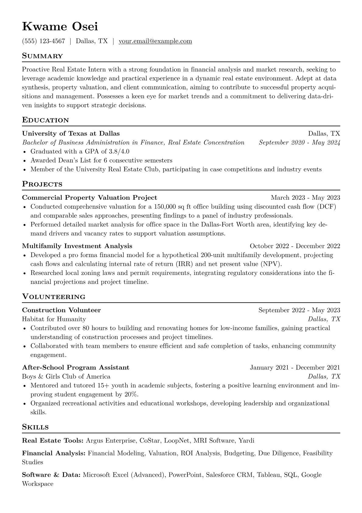Real Estate Intern Resume Example CV template - Page 1