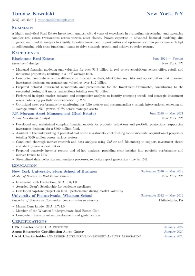 Real Estate Investment Analyst Resume Example CV template preview