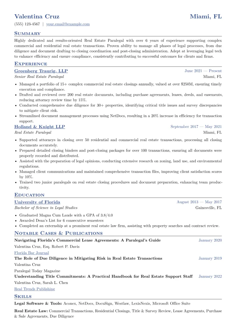 Real Estate Paralegal Resume Example CV template preview