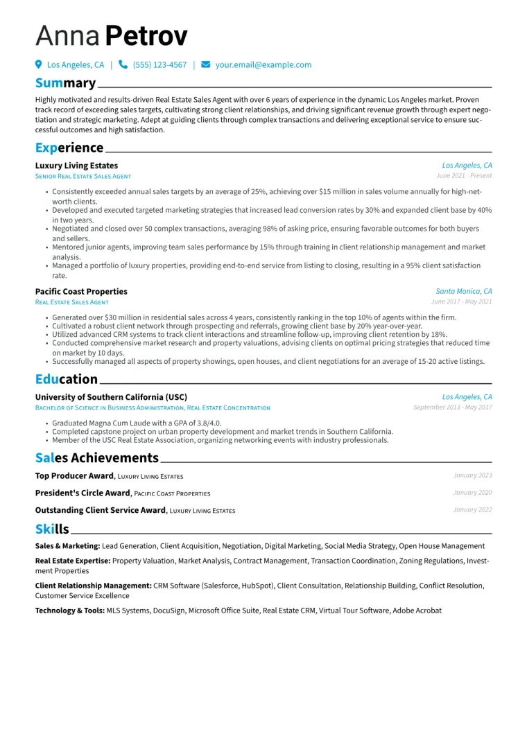 Real Estate Sales Agent Resume Example CV template preview