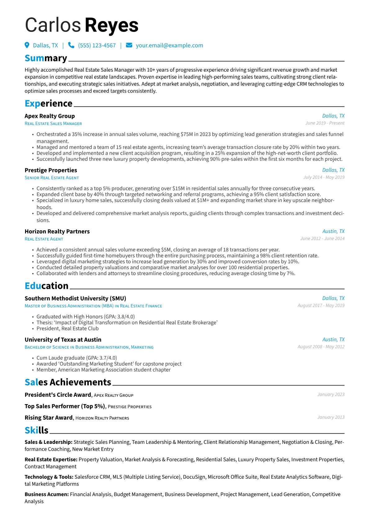 Real Estate Sales Manager Resume Example CV template - Page 1