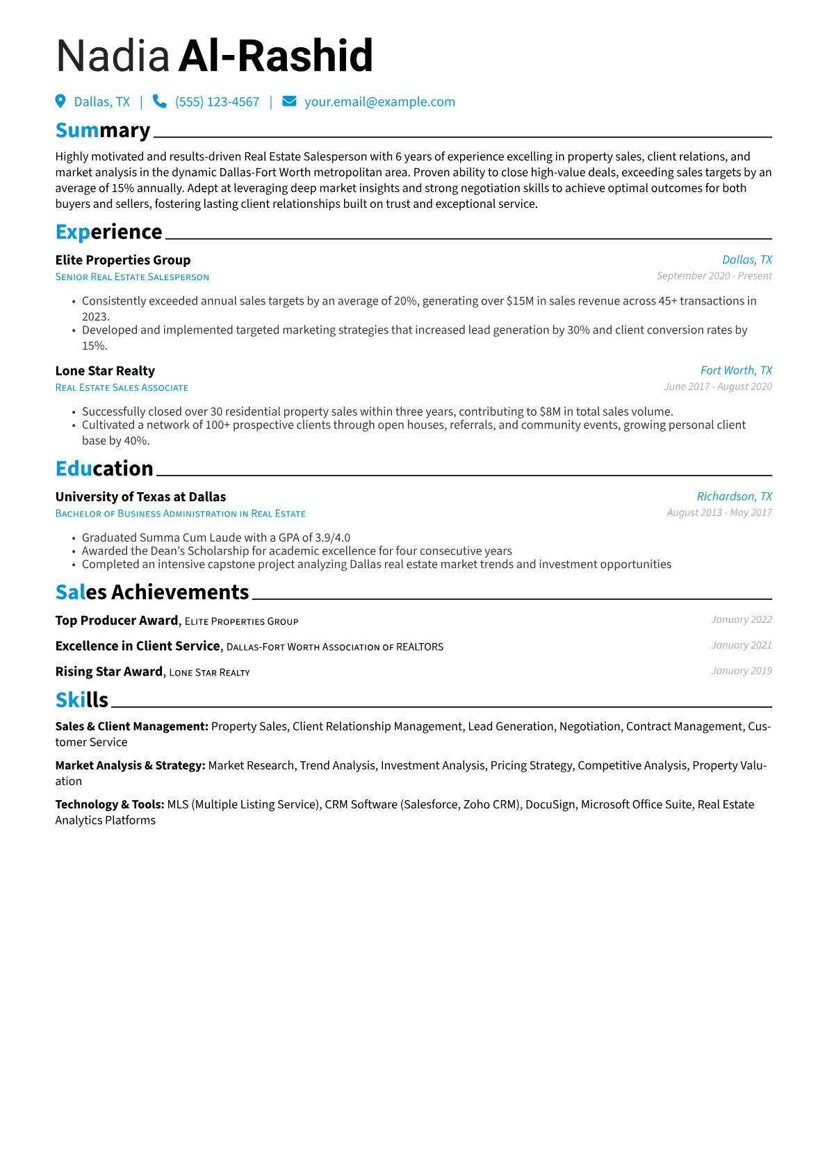 Real Estate Salesperson Resume Example CV template - Page 1