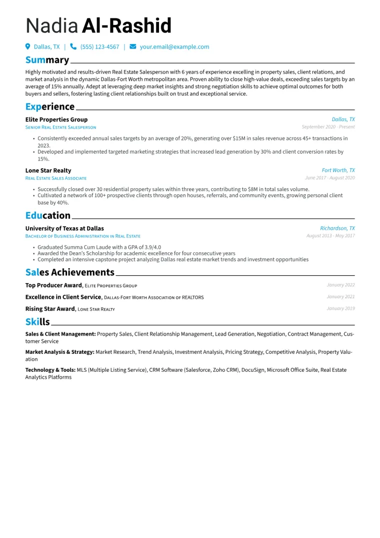 Real Estate Salesperson Resume Example CV template preview