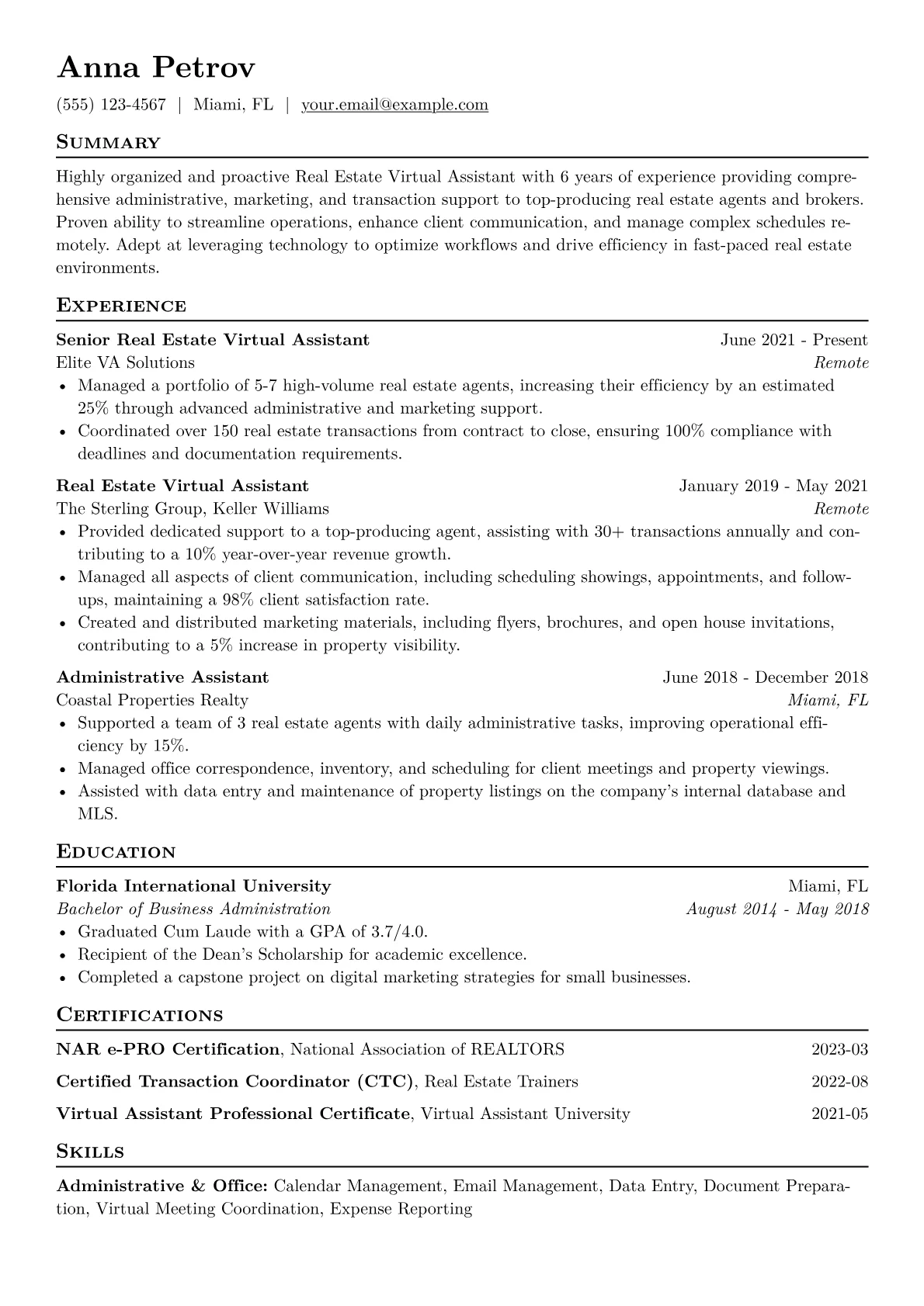Real Estate Virtual Assistant Resume Example CV template - Page 1