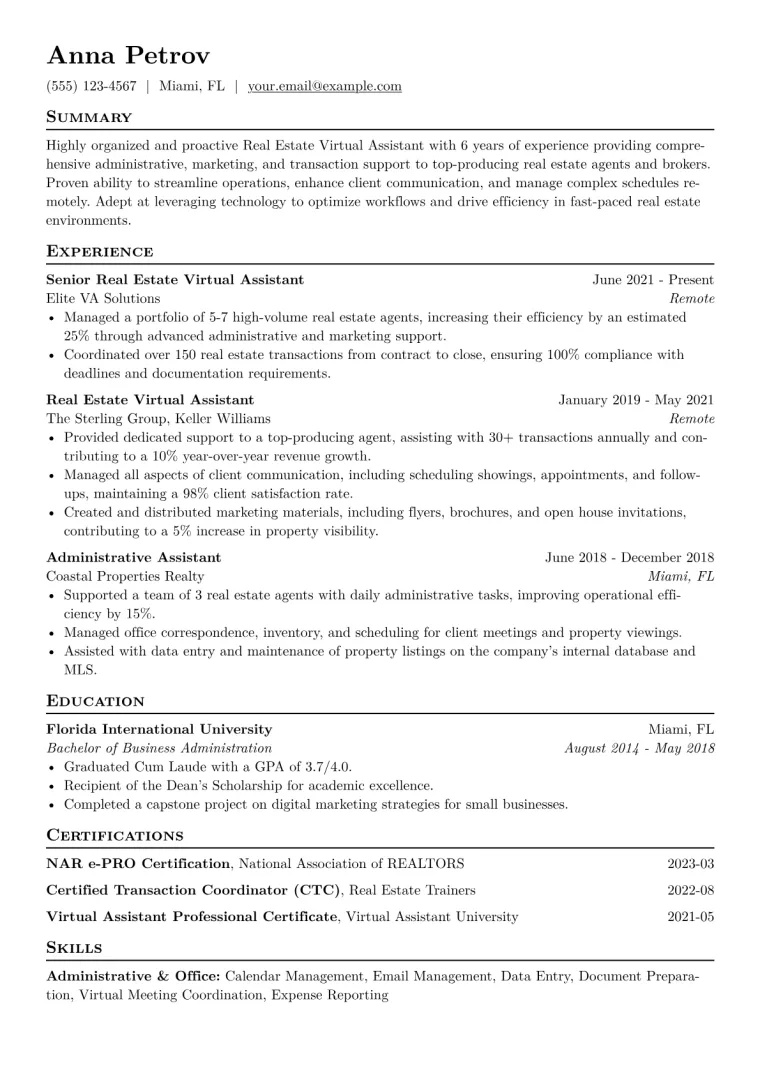 Real Estate Virtual Assistant Resume Example CV template preview