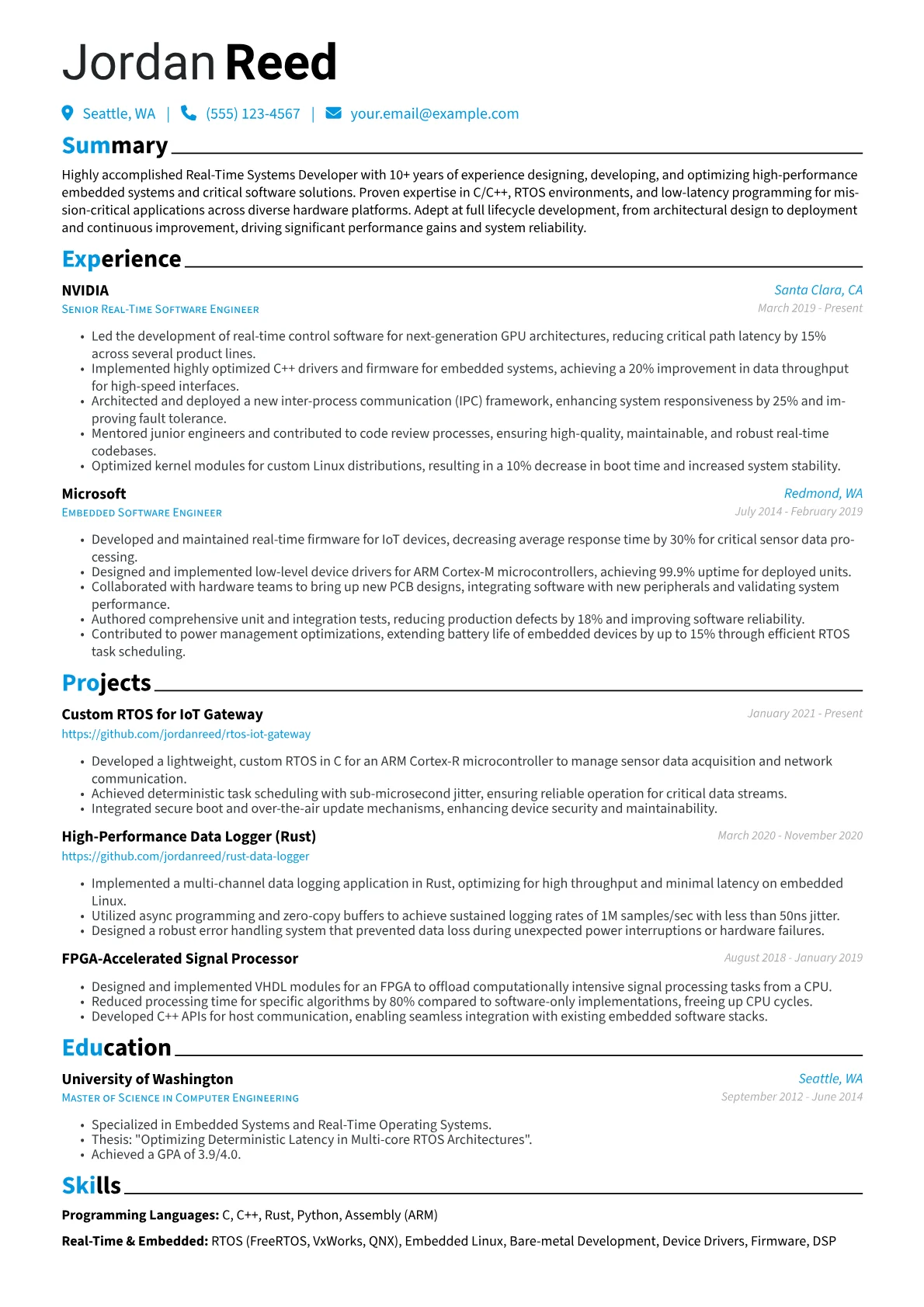 Real-Time Systems Developer Resume Example CV template - Page 1