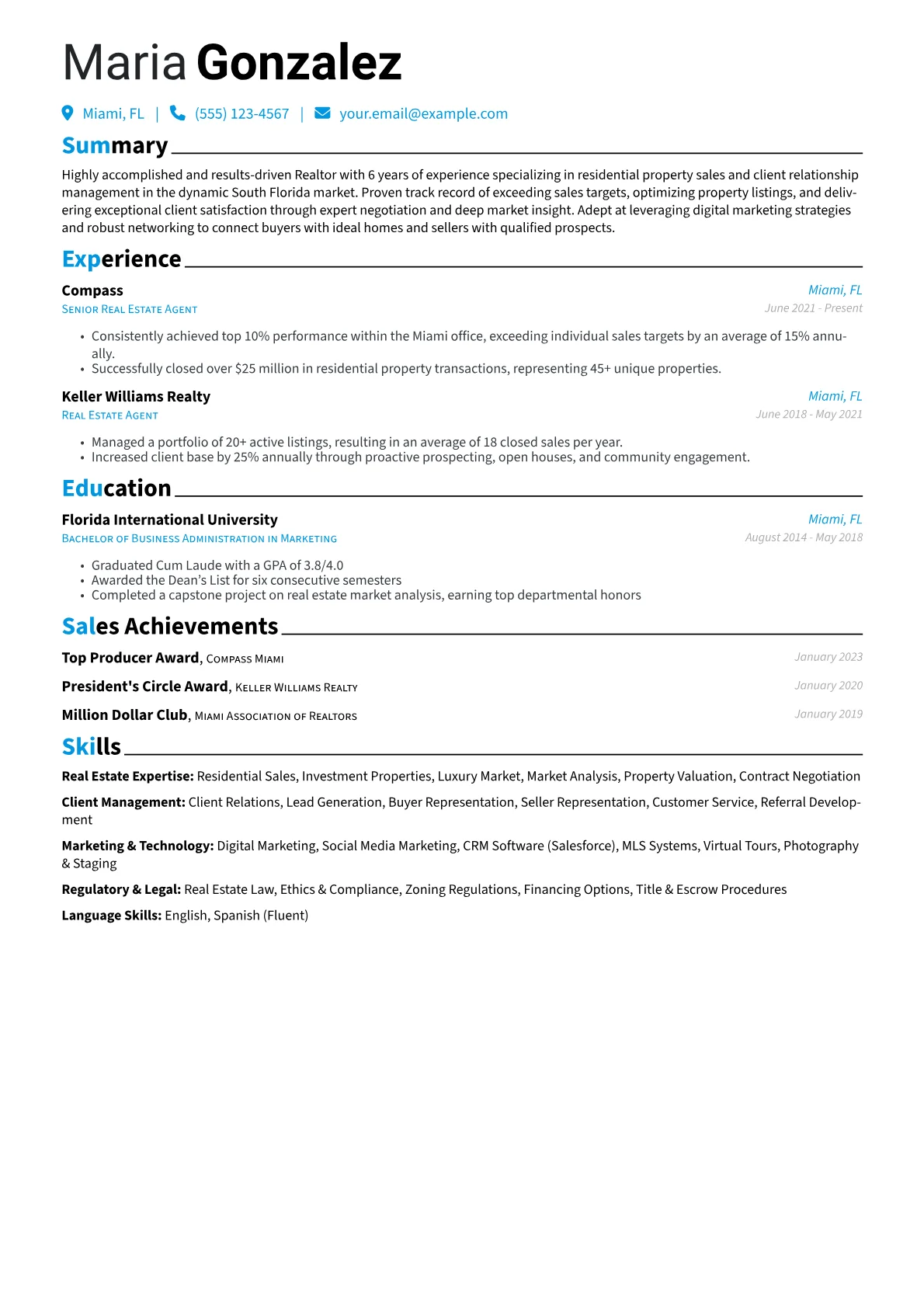 Realtor Resume Example CV template - Page 1