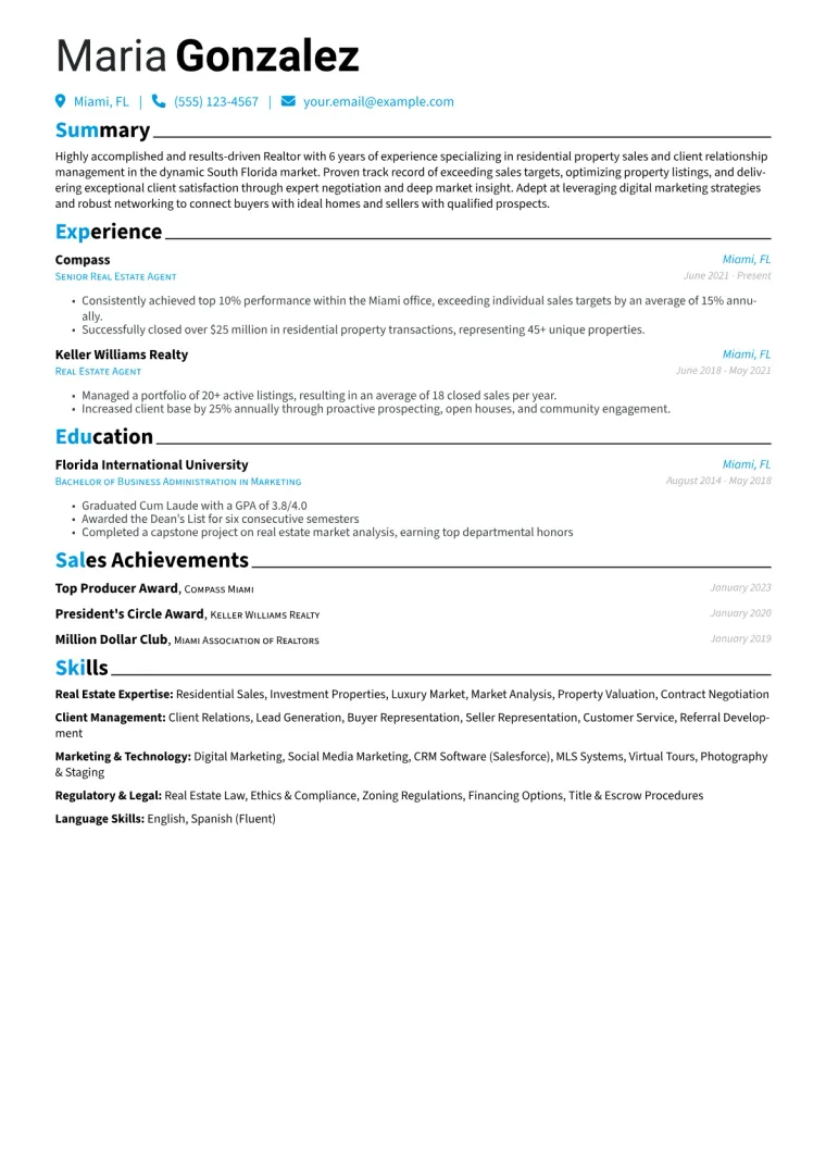 Realtor Resume Example CV template preview