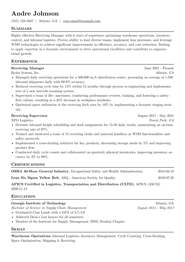 Receiving Manager Resume Example CV template preview