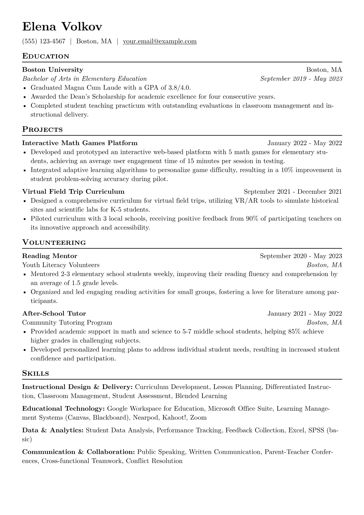 Recent Graduate Resume Example CV template - Page 1