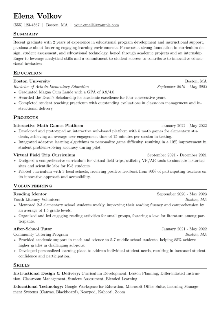 Recent Graduate Resume Example