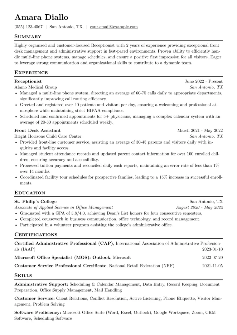 Receptionist Resume Example
