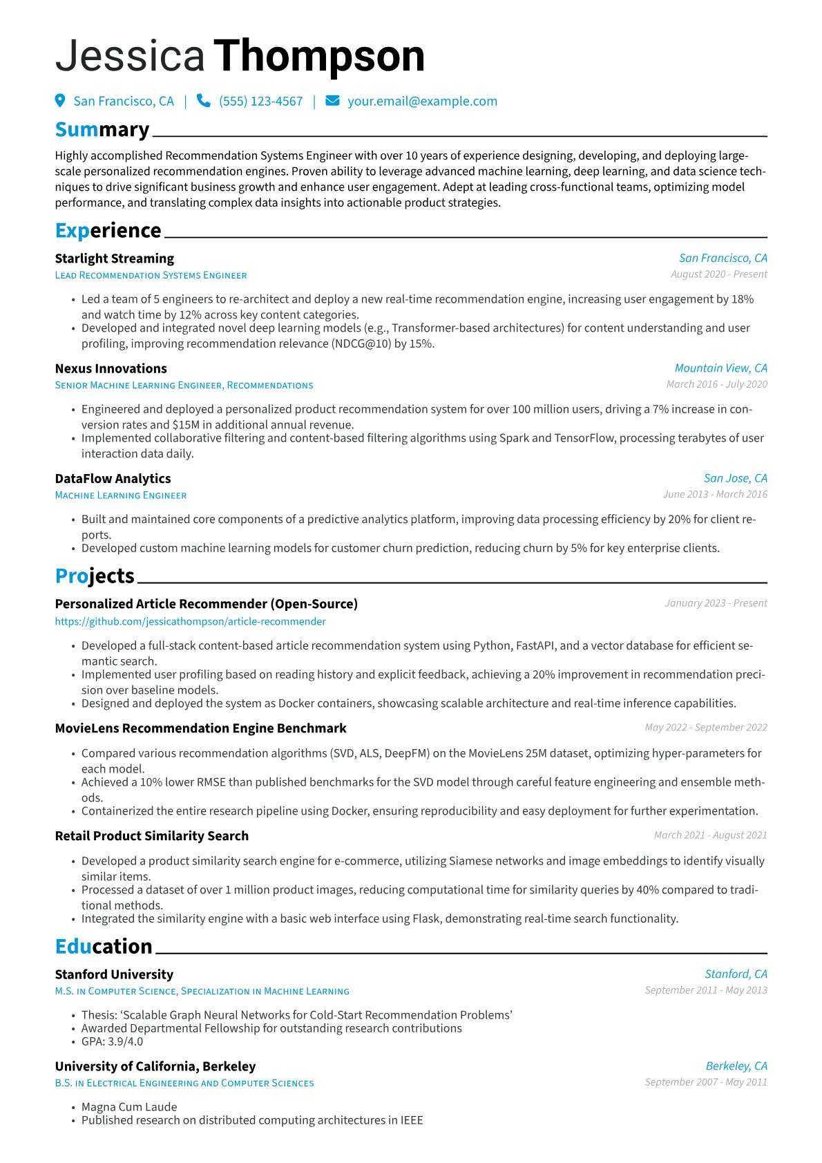 Recommendation Systems Engineer Resume Example CV template - Page 1