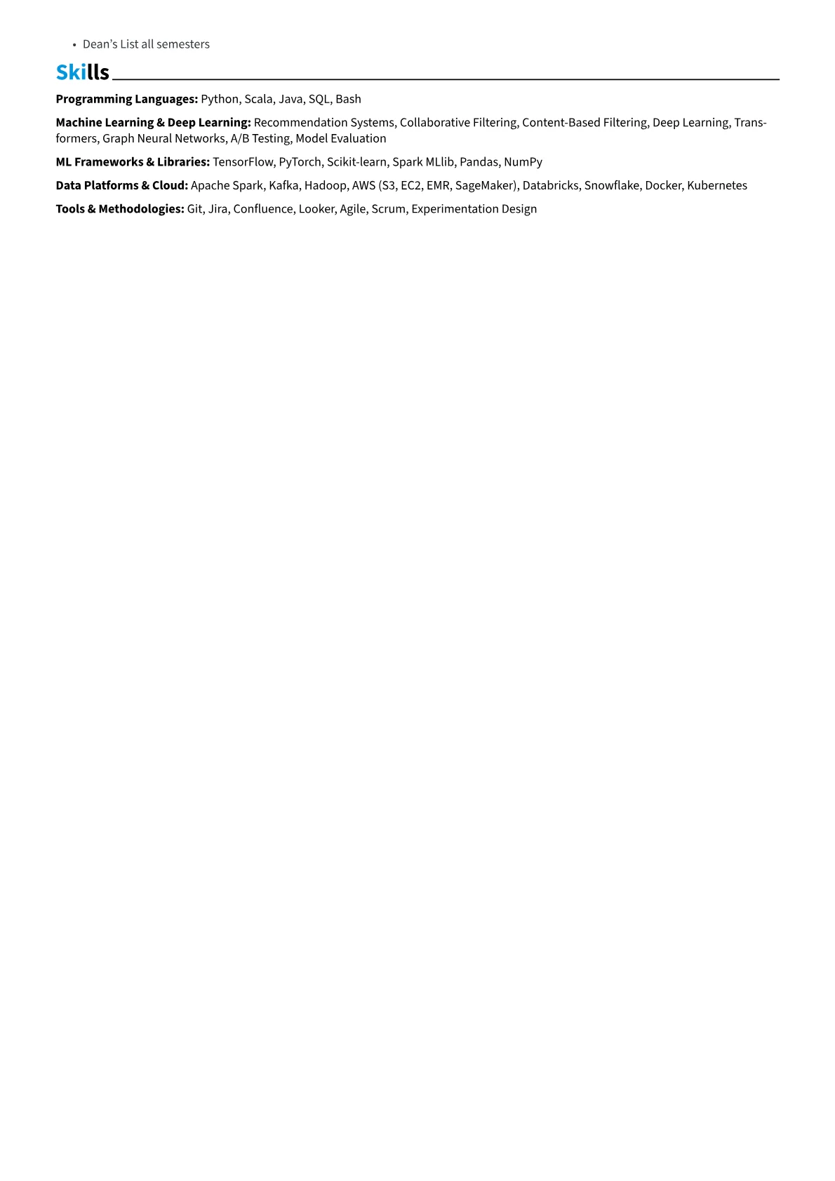 Recommendation Systems Engineer Resume Example CV template - Page 2