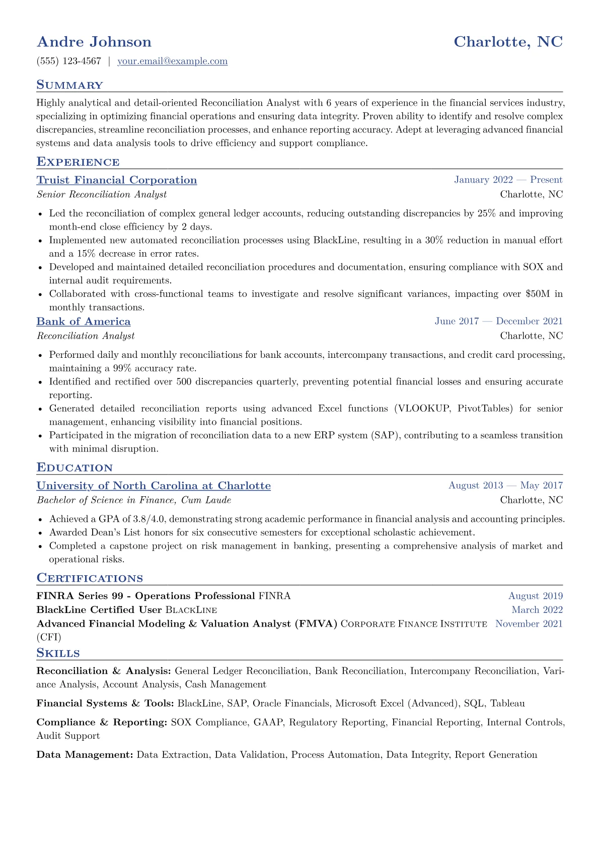 Reconciliation Analyst Resume Example CV template - Page 1