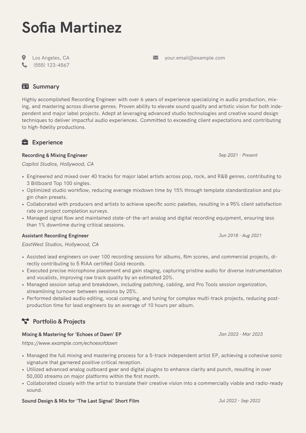 Recording Engineer Resume Example CV template - Page 1