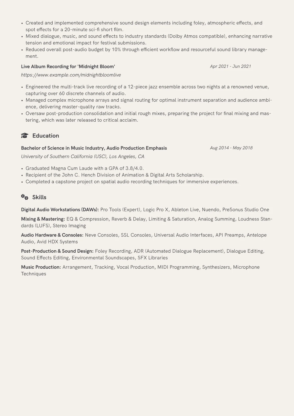 Recording Engineer Resume Example CV template - Page 2