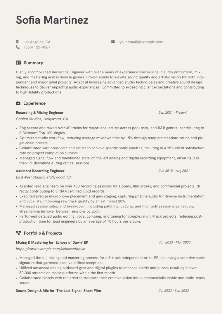 Recording Engineer Resume Example CV template preview