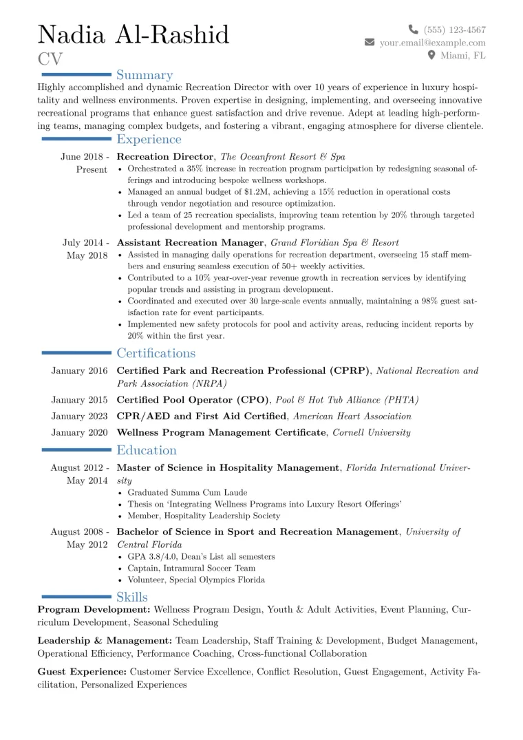 Recreation Director Resume Example CV template preview