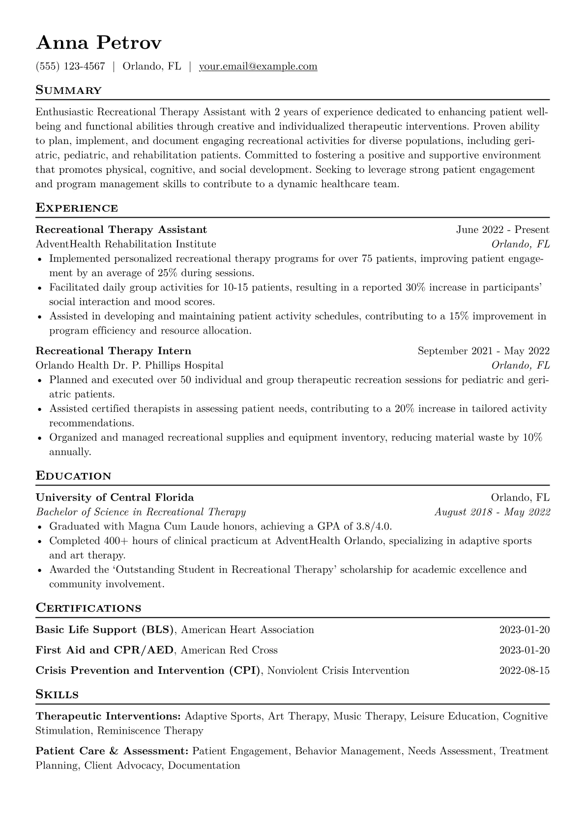 Recreational Therapy Assistant Resume Example CV template - Page 1