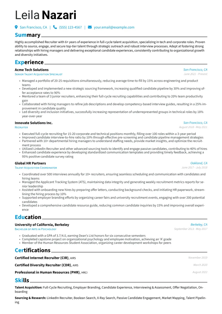 Recruiter Resume Example CV template preview