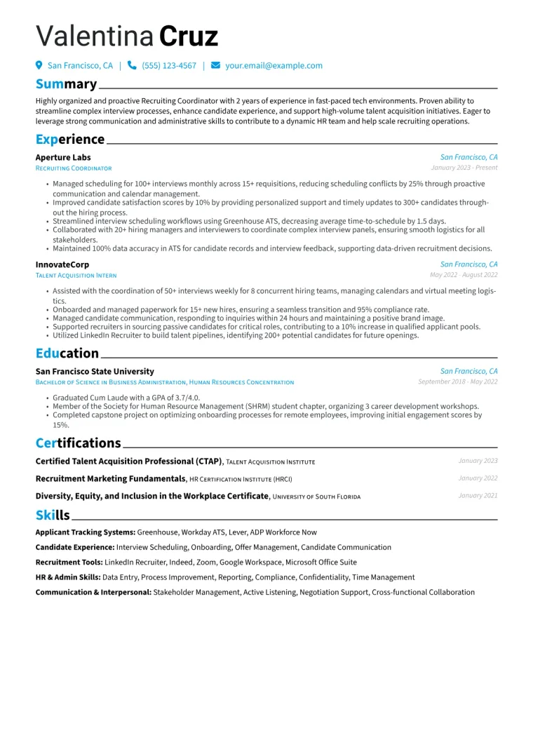 Recruiting Coordinator Resume Example CV template preview