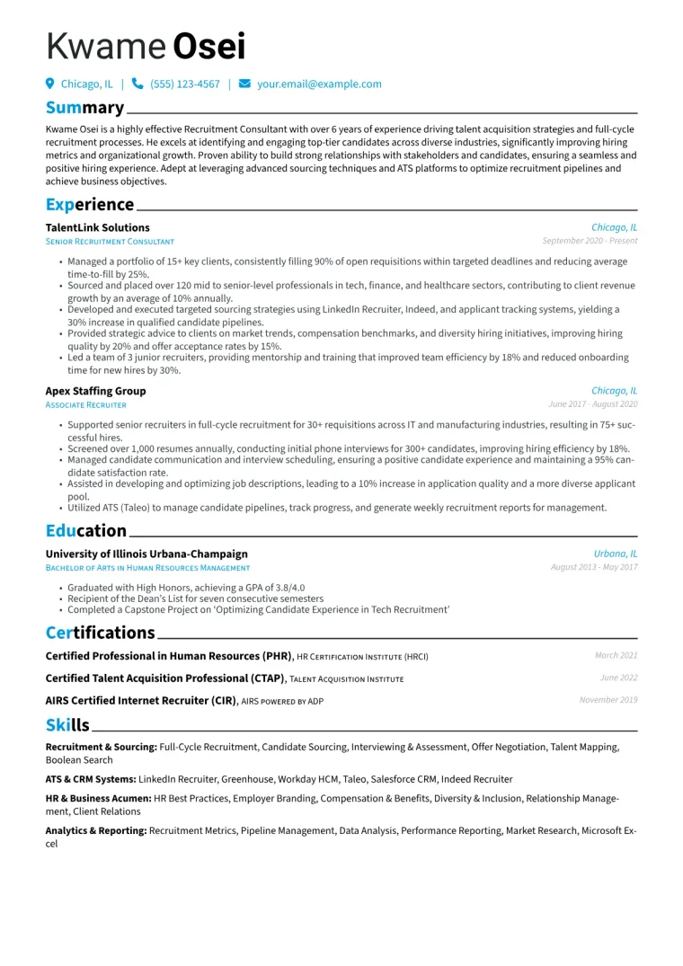 Recruitment Consultant Resume Example CV template preview