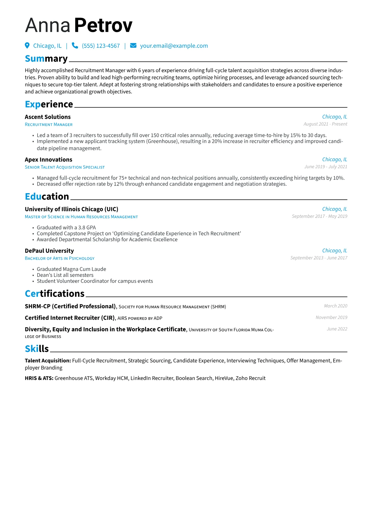 Recruitment Manager Resume Example CV template - Page 1