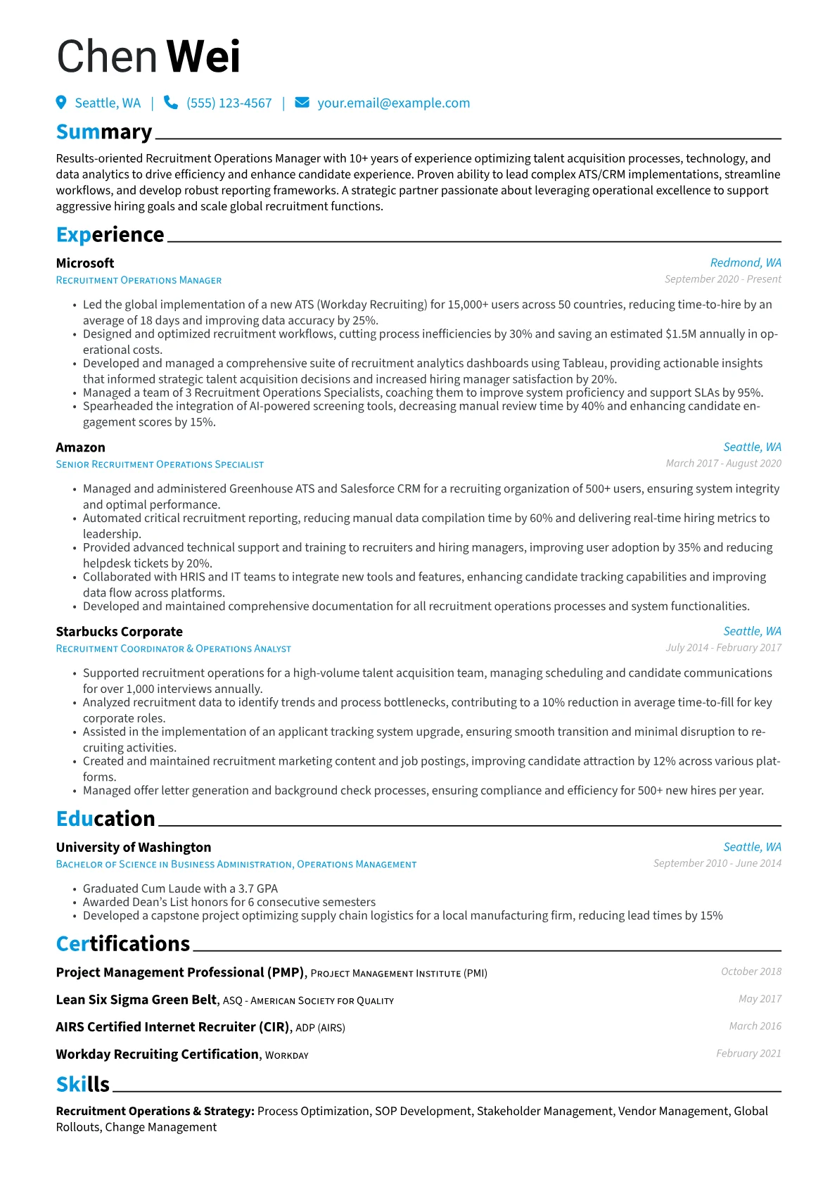 Recruitment Operations Manager Resume Example CV template - Page 1