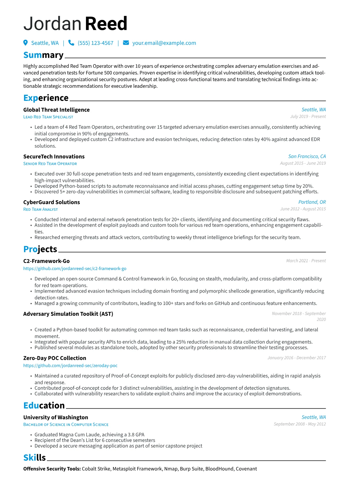 Red Team Operator Resume Example CV template - Page 1