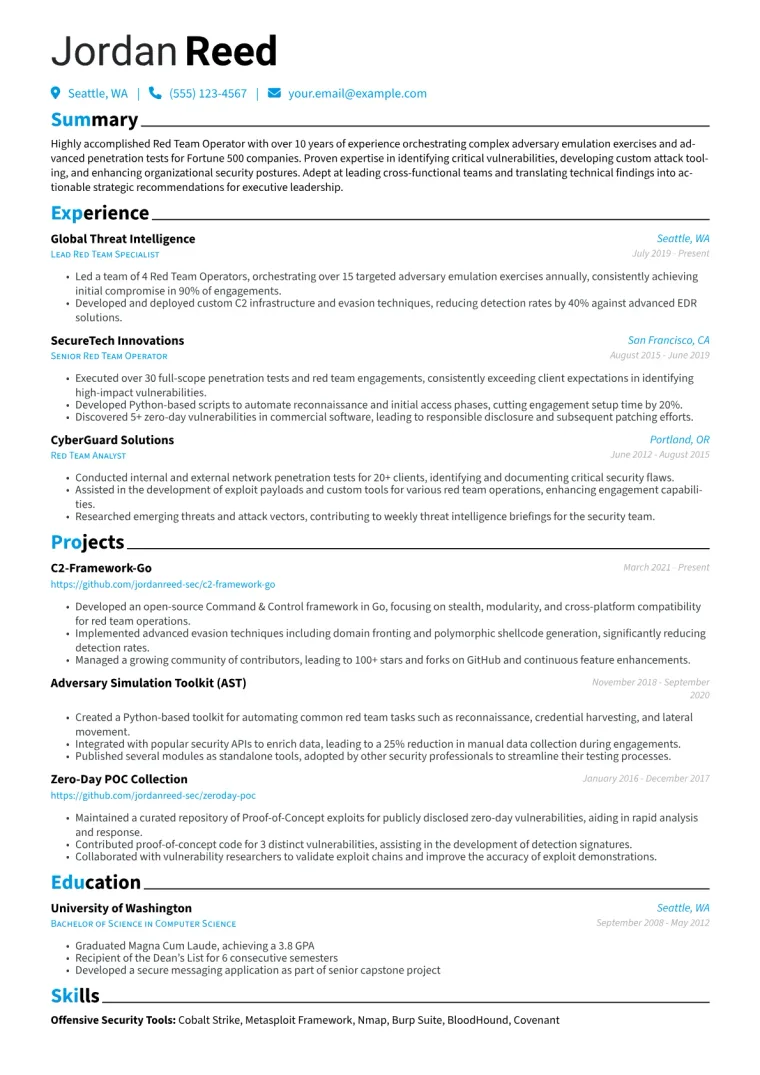 Red Team Operator Resume Example CV template preview