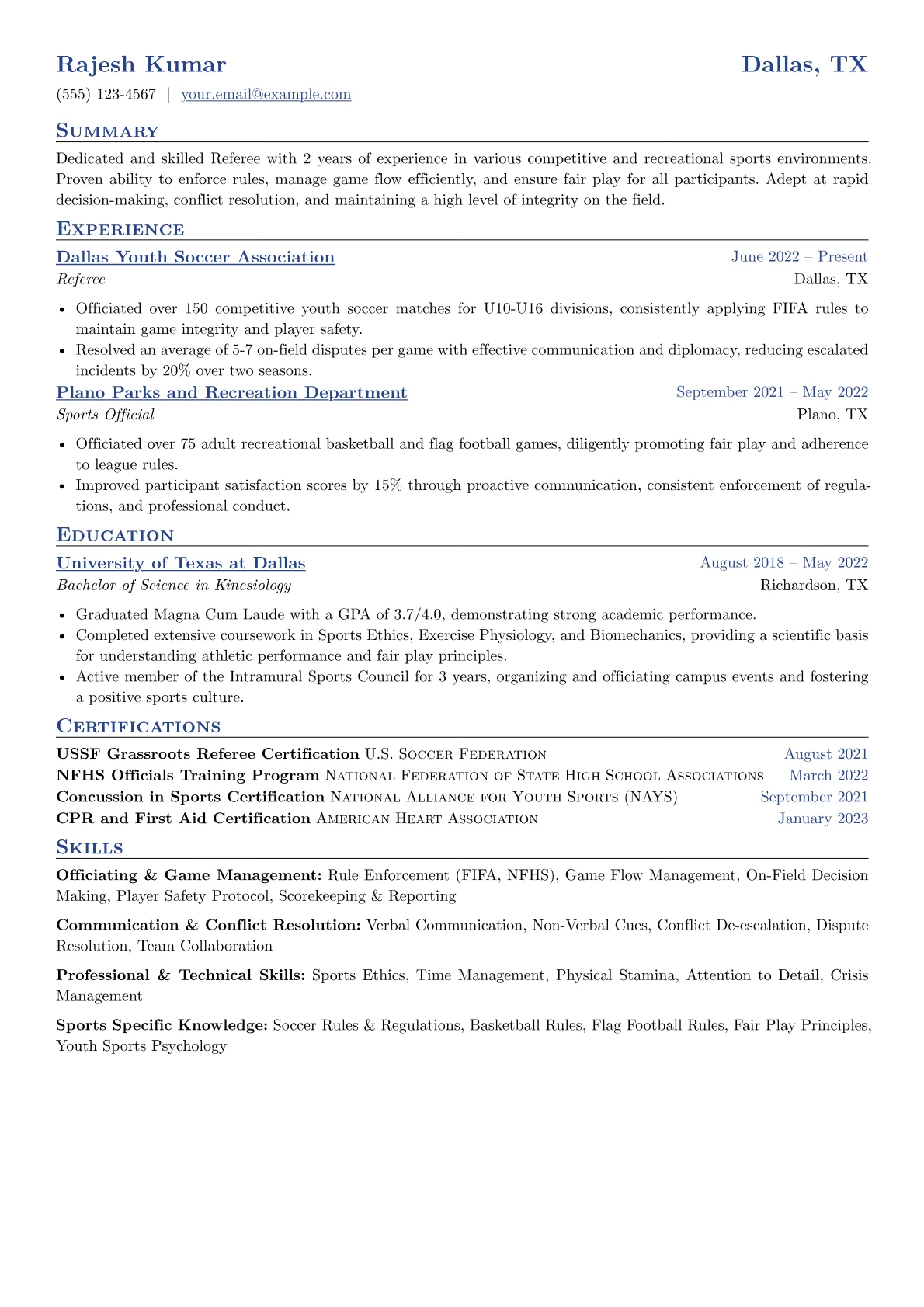 Referee Resume Example CV template - Page 1