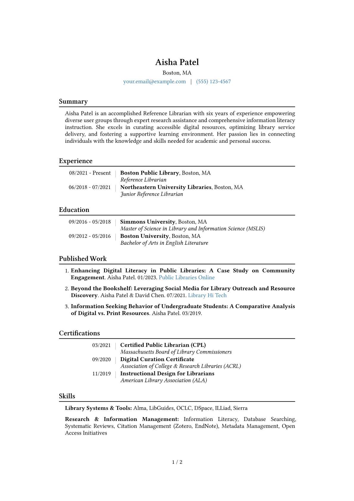 Reference Librarian Resume Example CV template - Page 1