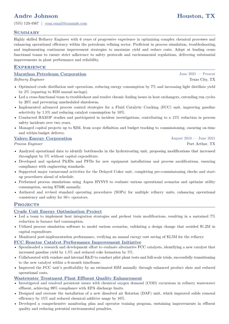 Refinery Engineer Resume Example CV template preview