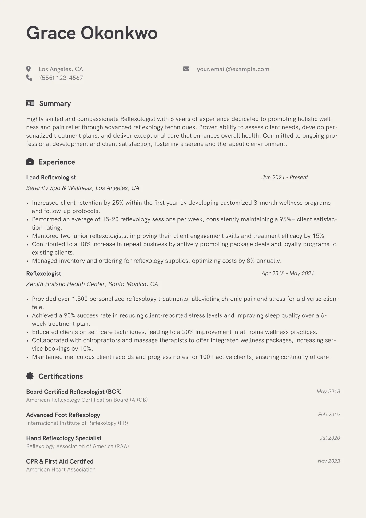 Reflexologist Resume Example CV template - Page 1