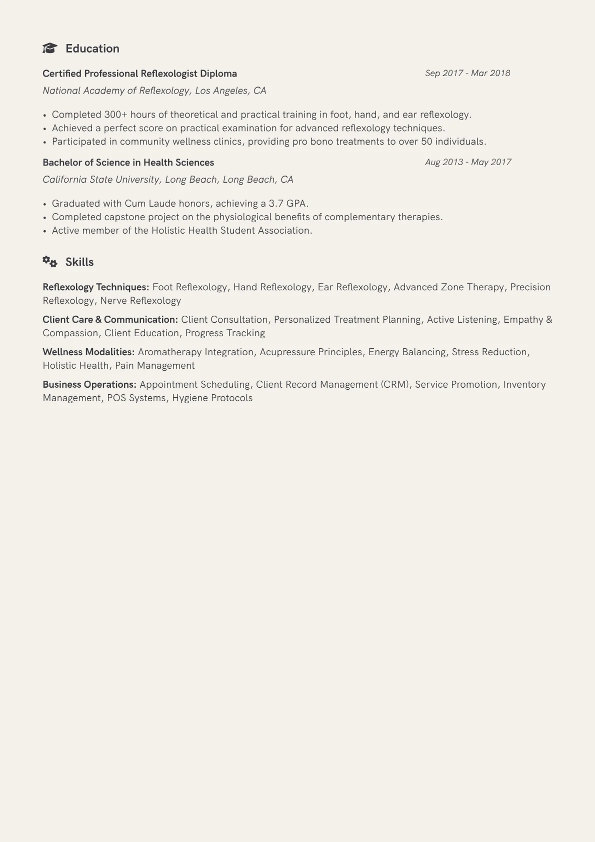 Reflexologist Resume Example CV template - Page 2