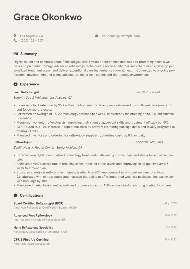 Reflexologist Resume Example CV template preview