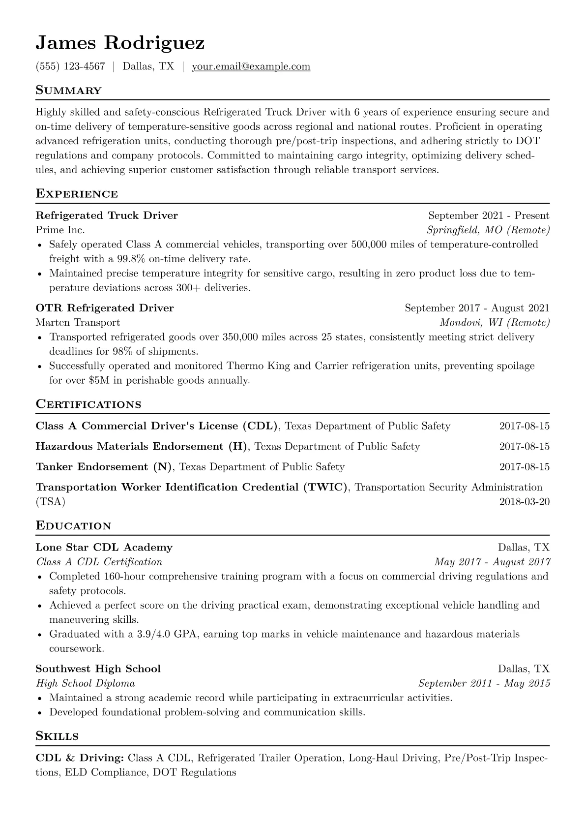 Refrigerated Truck Driver Resume Example CV template - Page 1