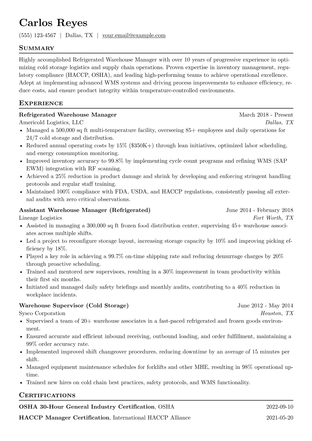 Refrigerated Warehouse Manager Resume Example CV template - Page 1