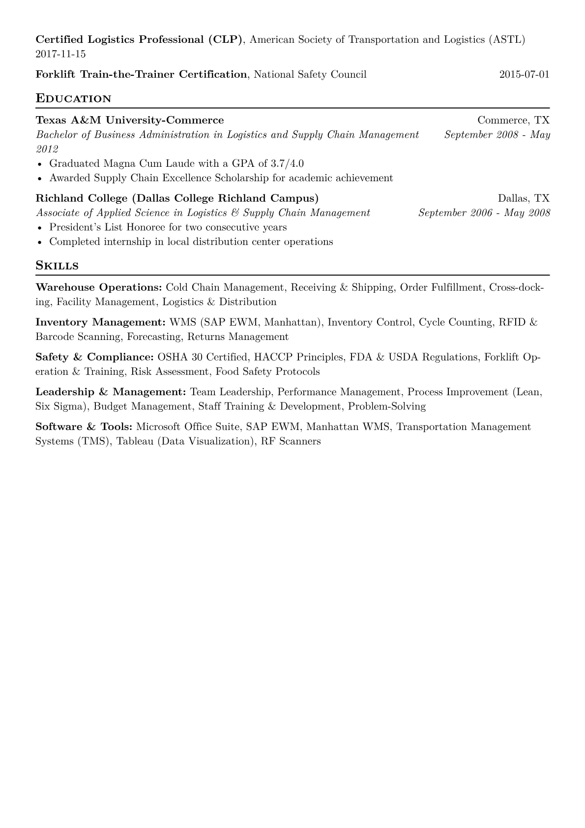 Refrigerated Warehouse Manager Resume Example CV template - Page 2