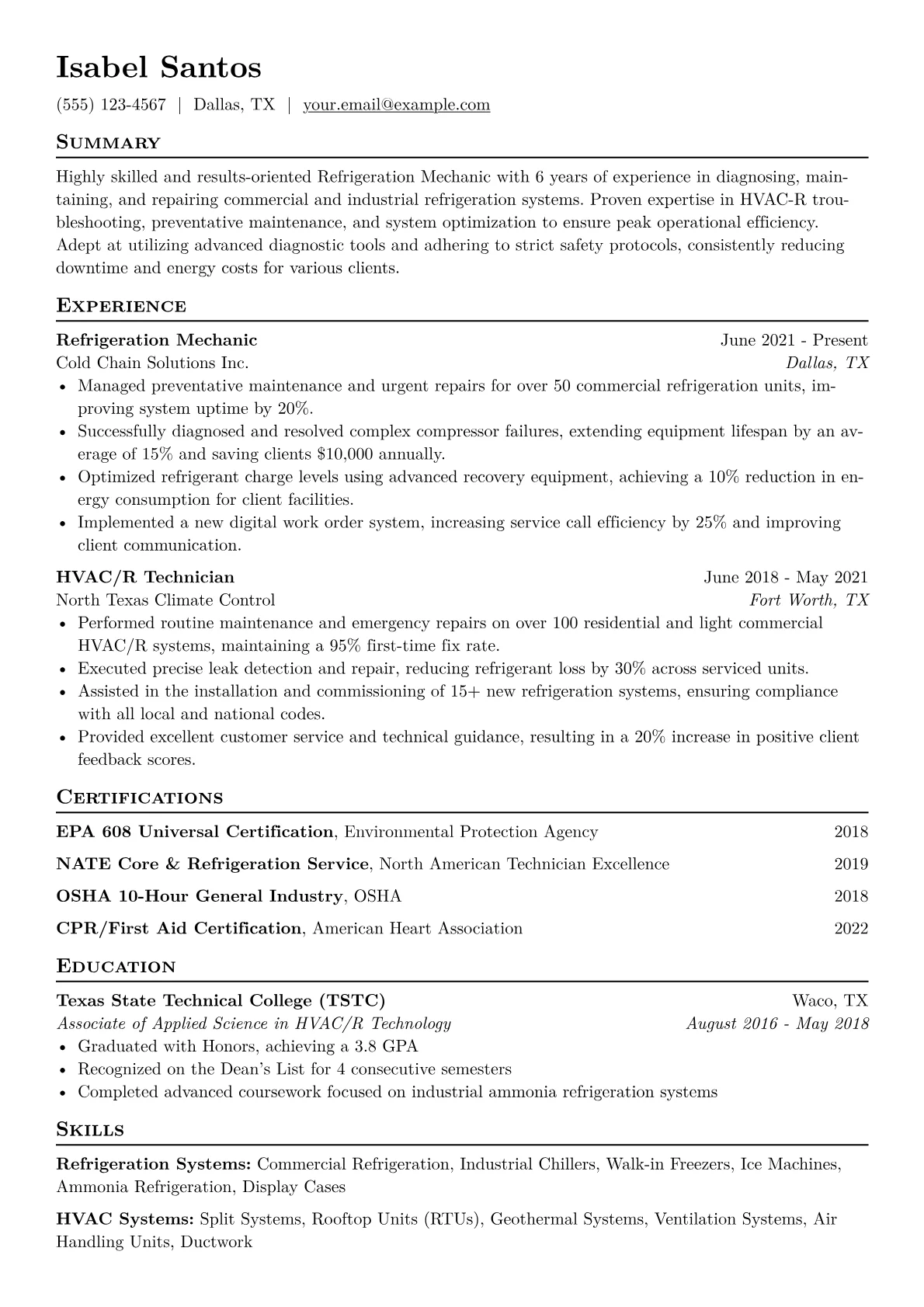Refrigeration Mechanic Resume Example CV template - Page 1