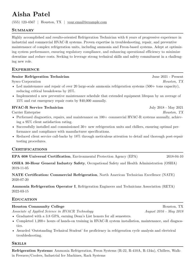 Refrigeration Technician Resume Example CV template preview
