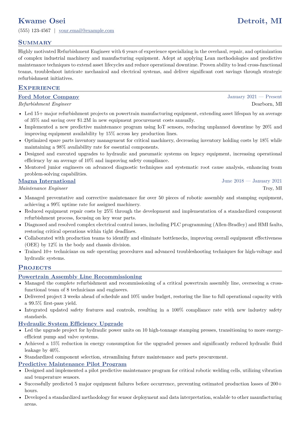 Refurbishment Engineer Resume Example CV template - Page 1