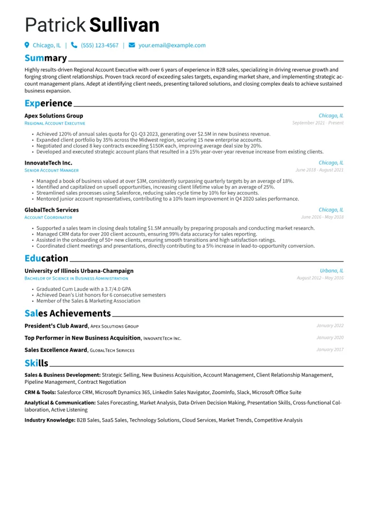 Regional Account Executive Resume Example CV template preview