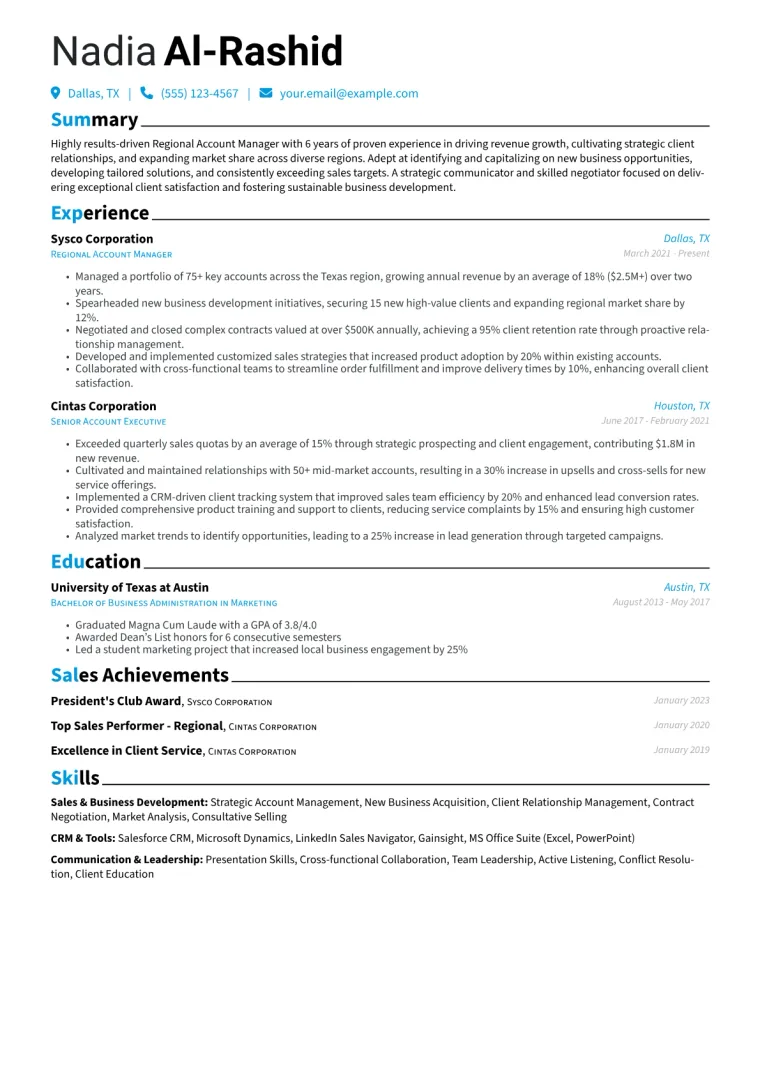 Regional Account Manager Resume Example CV template preview