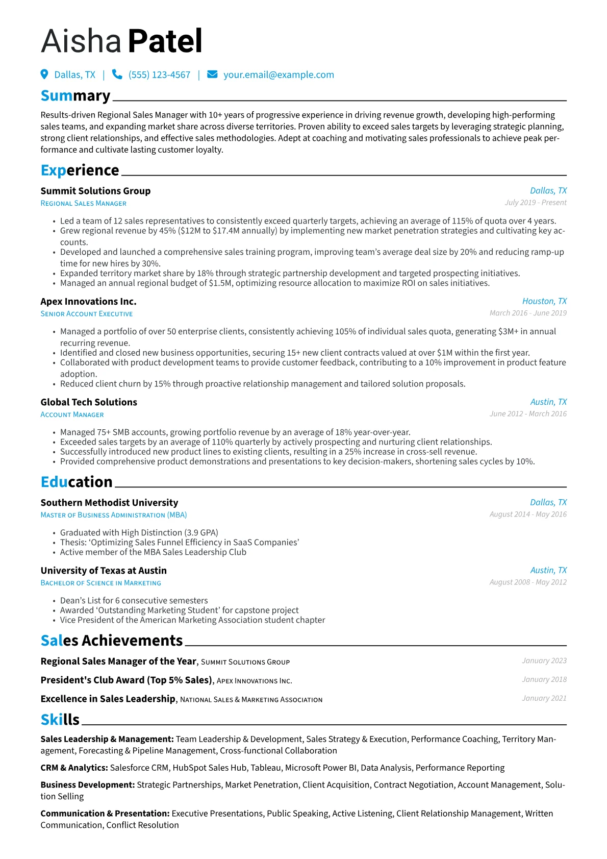 Regional Sales Manager Resume Example CV template - Page 1