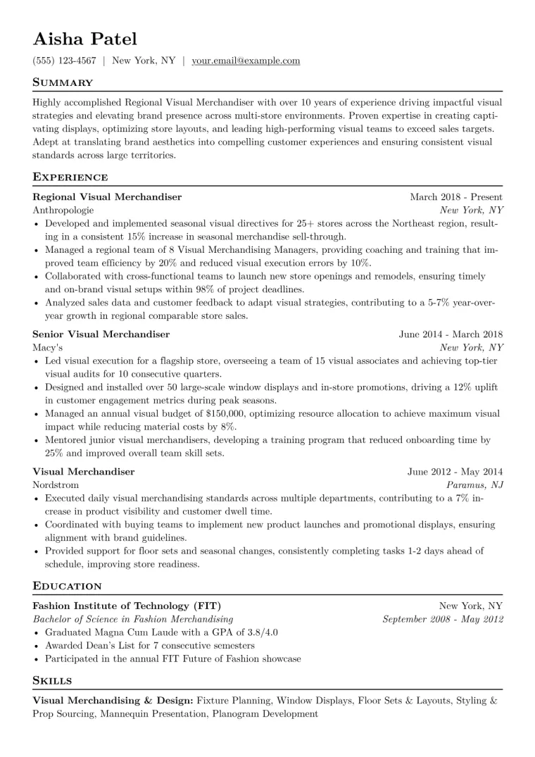 Regional Visual Merchandiser Resume Example CV template preview