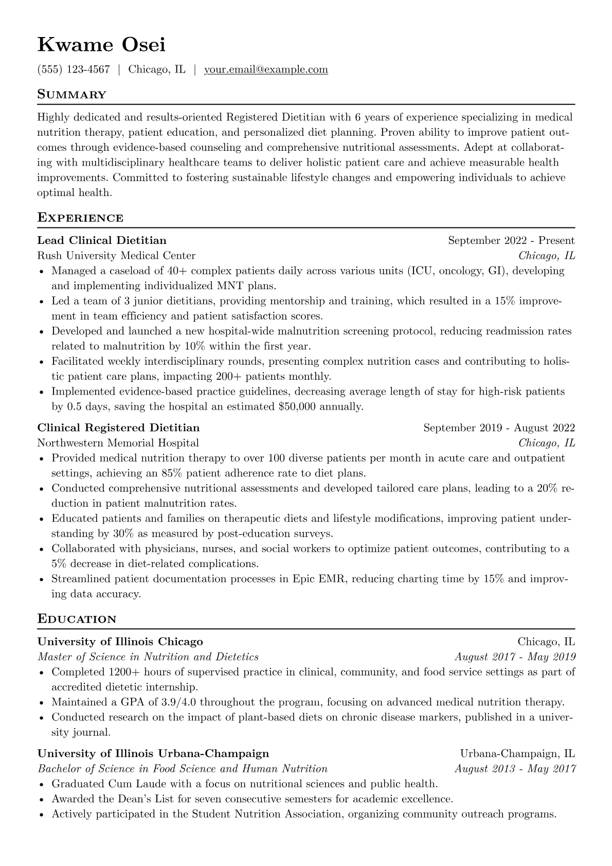 Registered Dietitian Resume Example CV template - Page 1